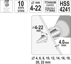 Grąžtas skylės platinimui pakopinis  4-22 mm YT-44741 YATO