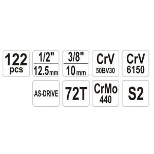 Galvučių, replių, atsuktuvų rinkinys 1/2" 122 vnt. YT-38901 YATO