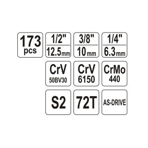 Galvučių rinkinys 173 vnt. 1/4", 3/8", 1/2" YT-38931 YATO