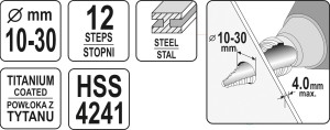 Grąžtas skylės platinimui pakopinis 10-30 mm YT-44746 YATO